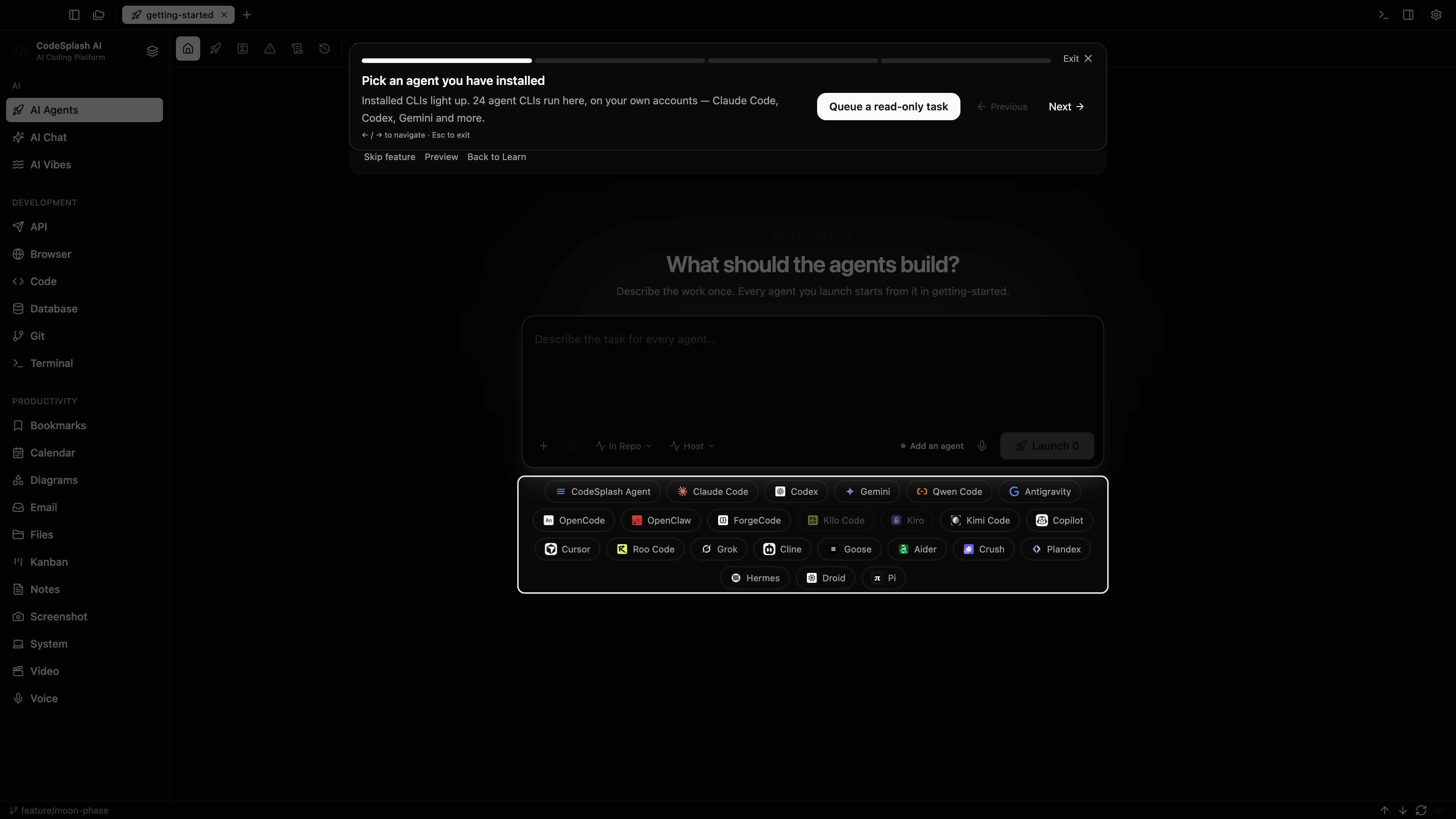 Pick an agent you have installed — Your first agent task
