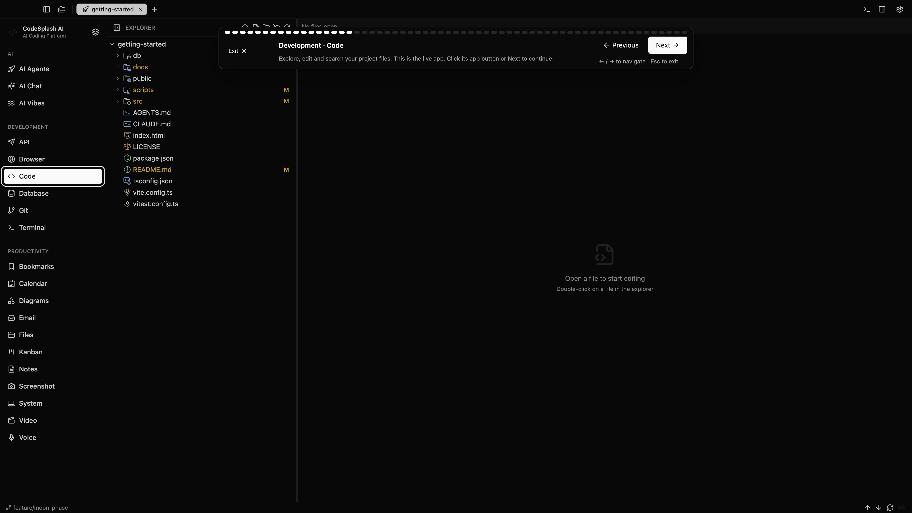 Development · Code — Welcome to CodeSplash AI