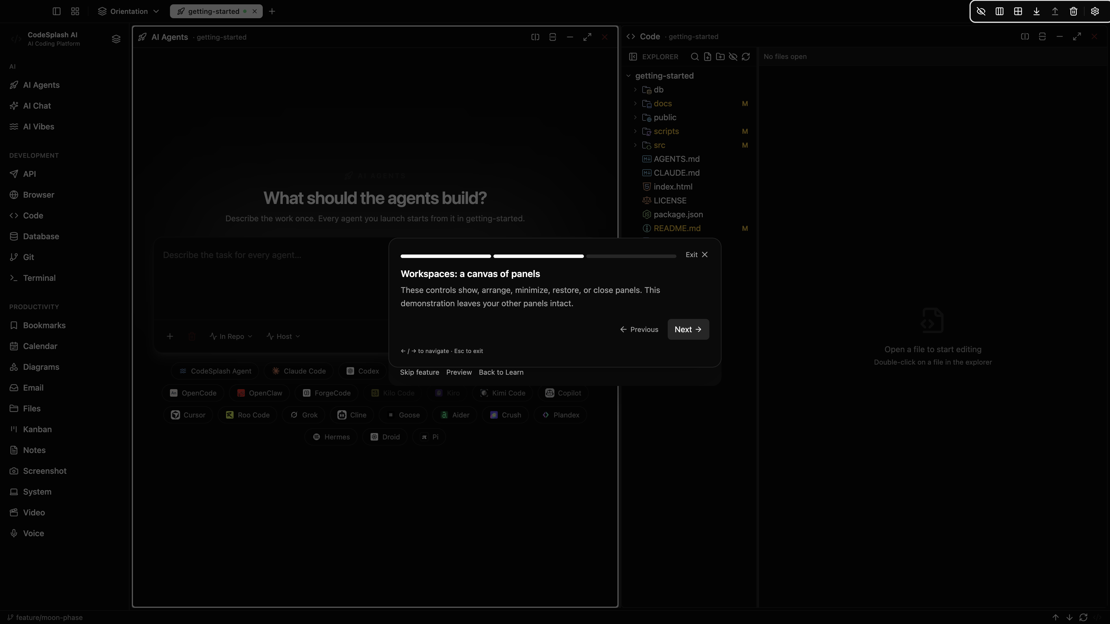 Workspaces: a canvas of panels — Workspaces and panel controls