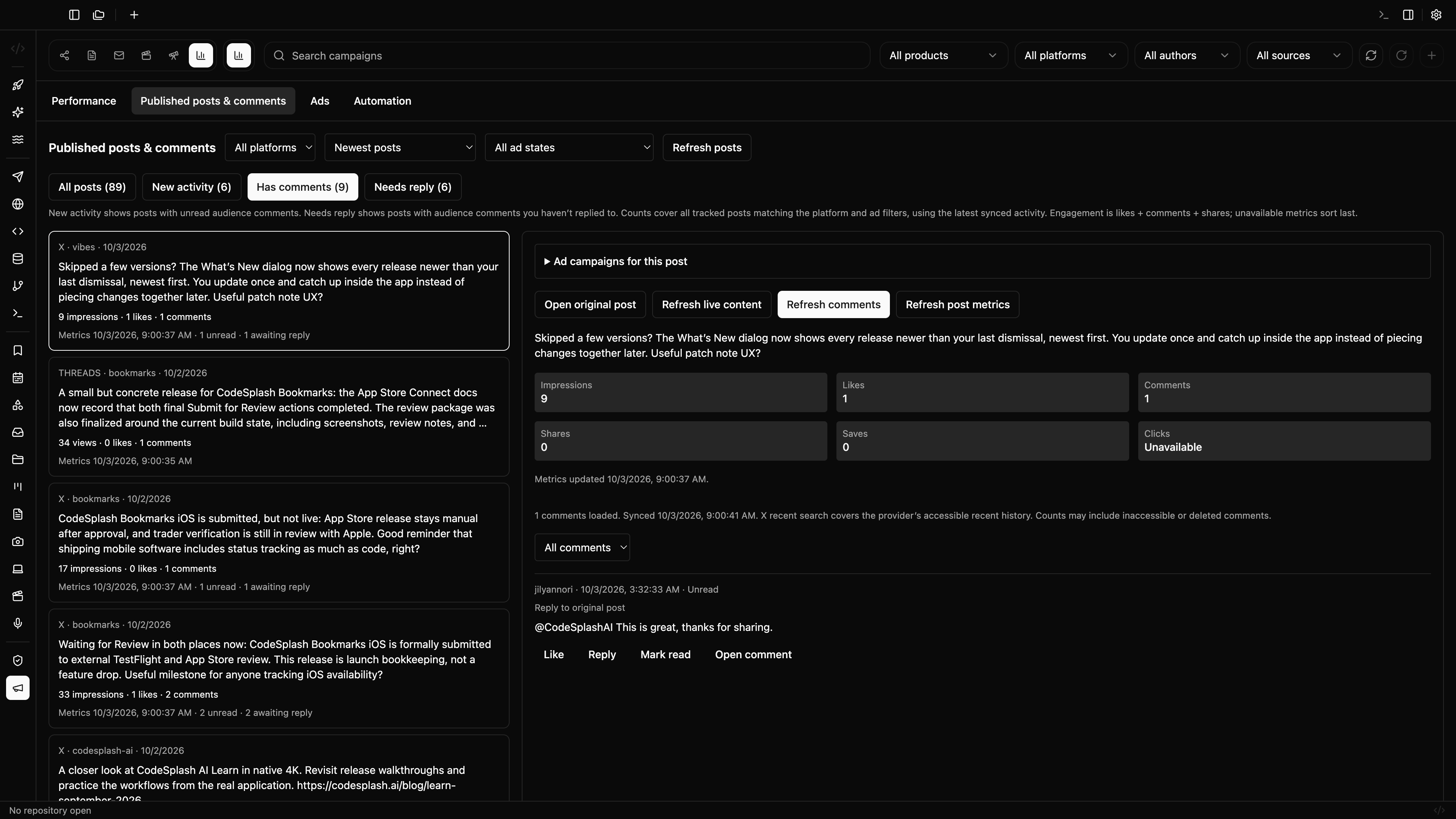 Open the original post and inspect interactions — Find activity on your published social posts