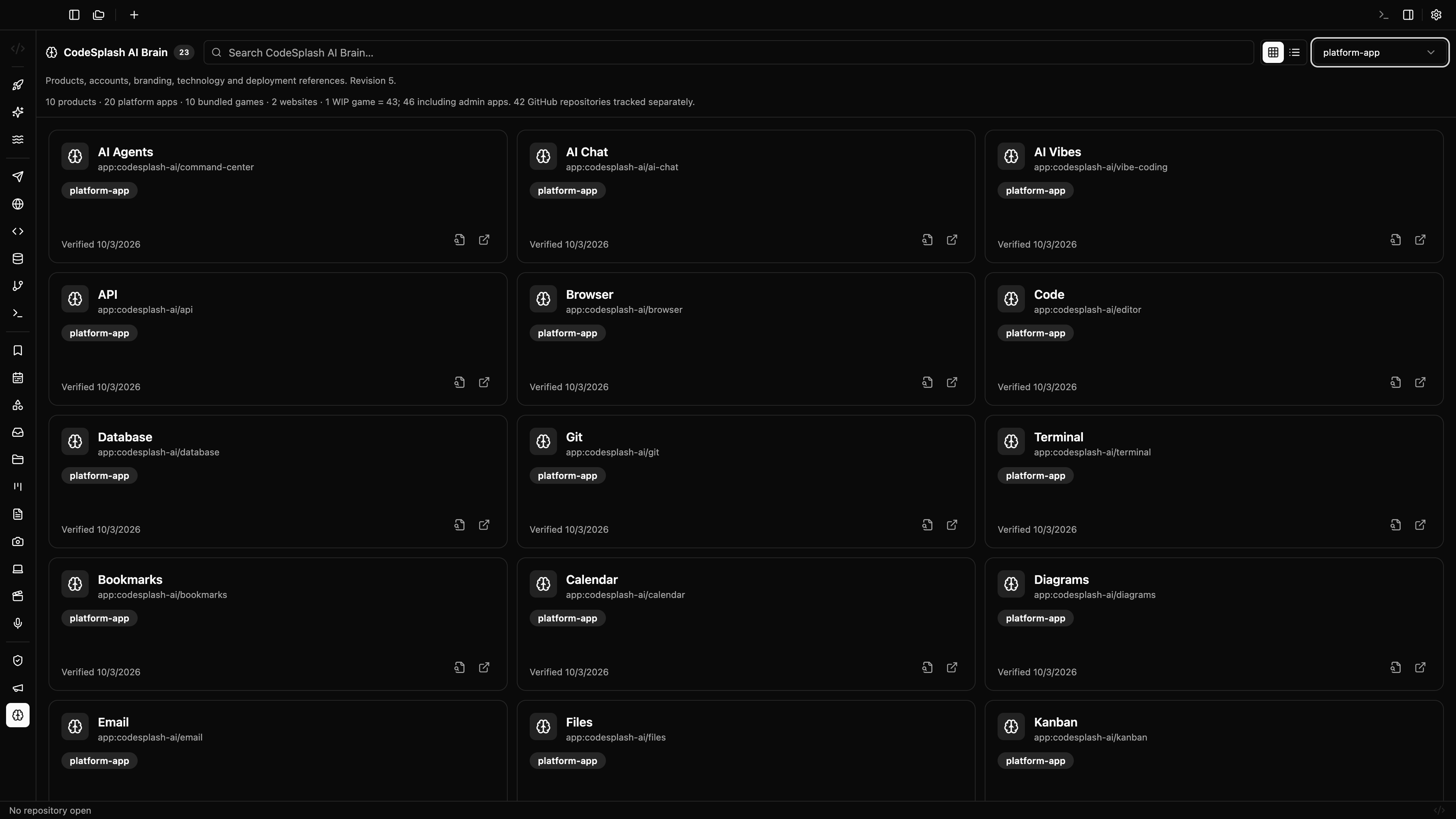 CodeSplash AI Brain: platform app catalog