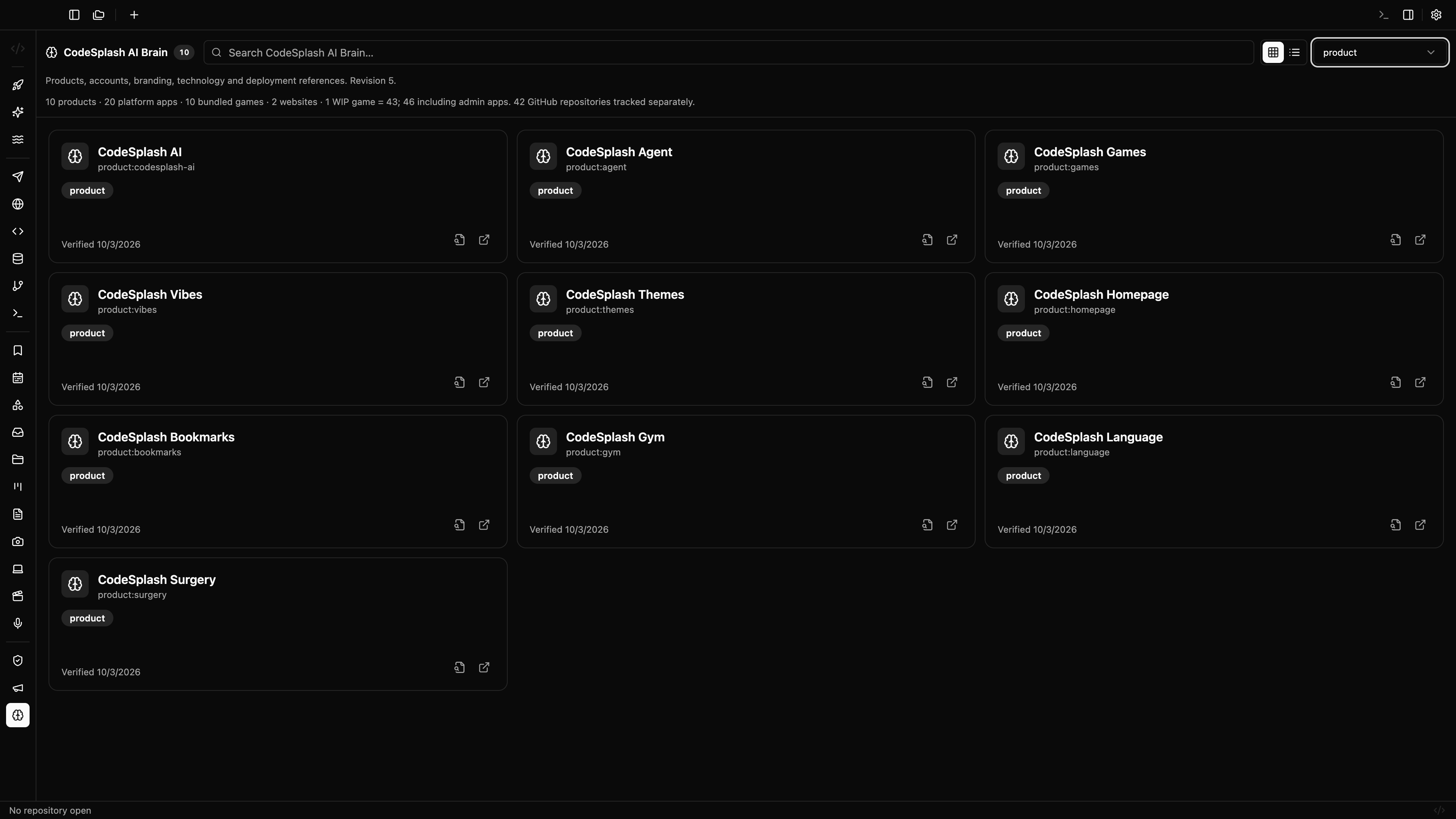 CodeSplash AI Brain: ten portfolio products