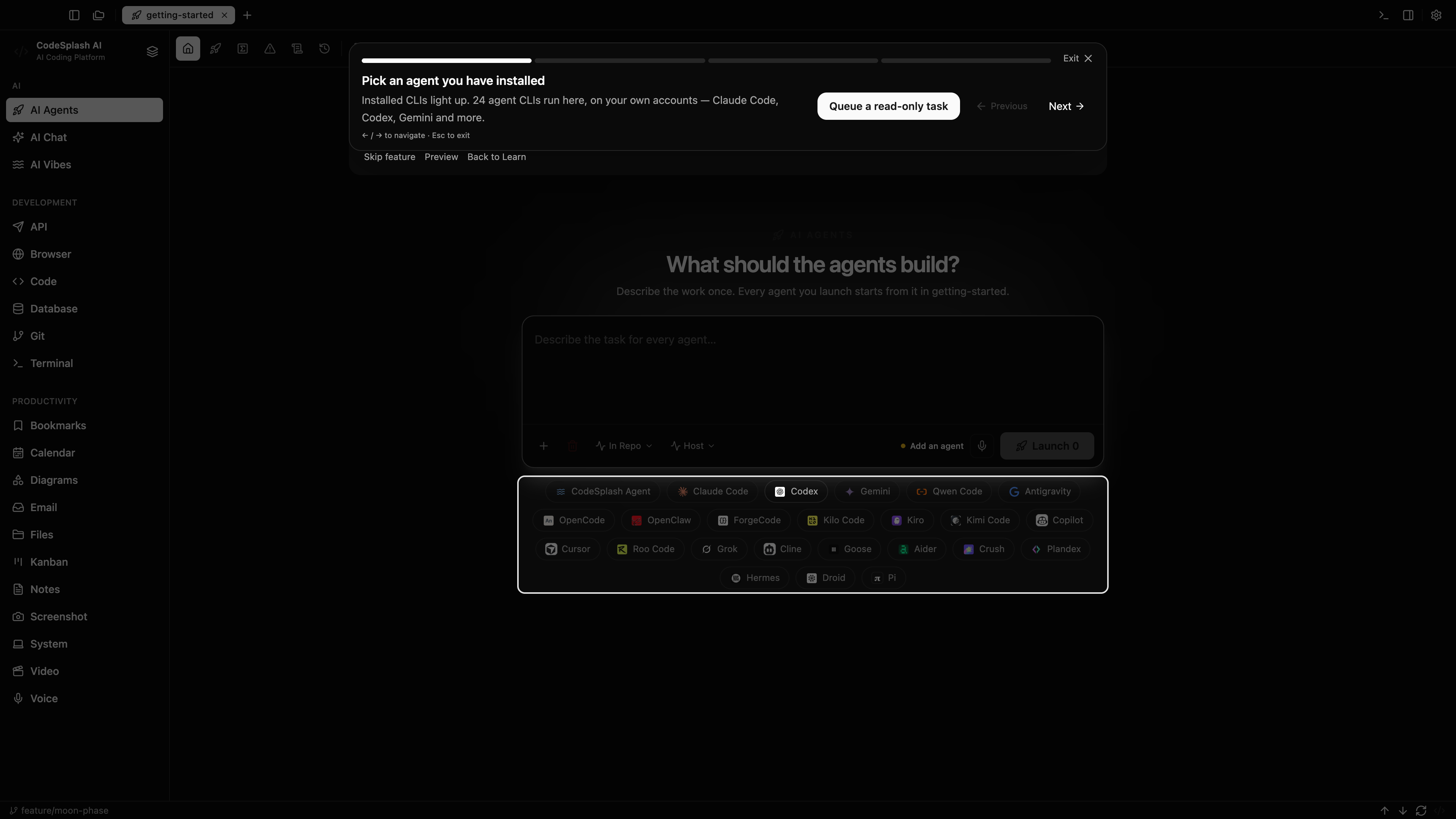 Pick an agent you have installed — Your first agent task