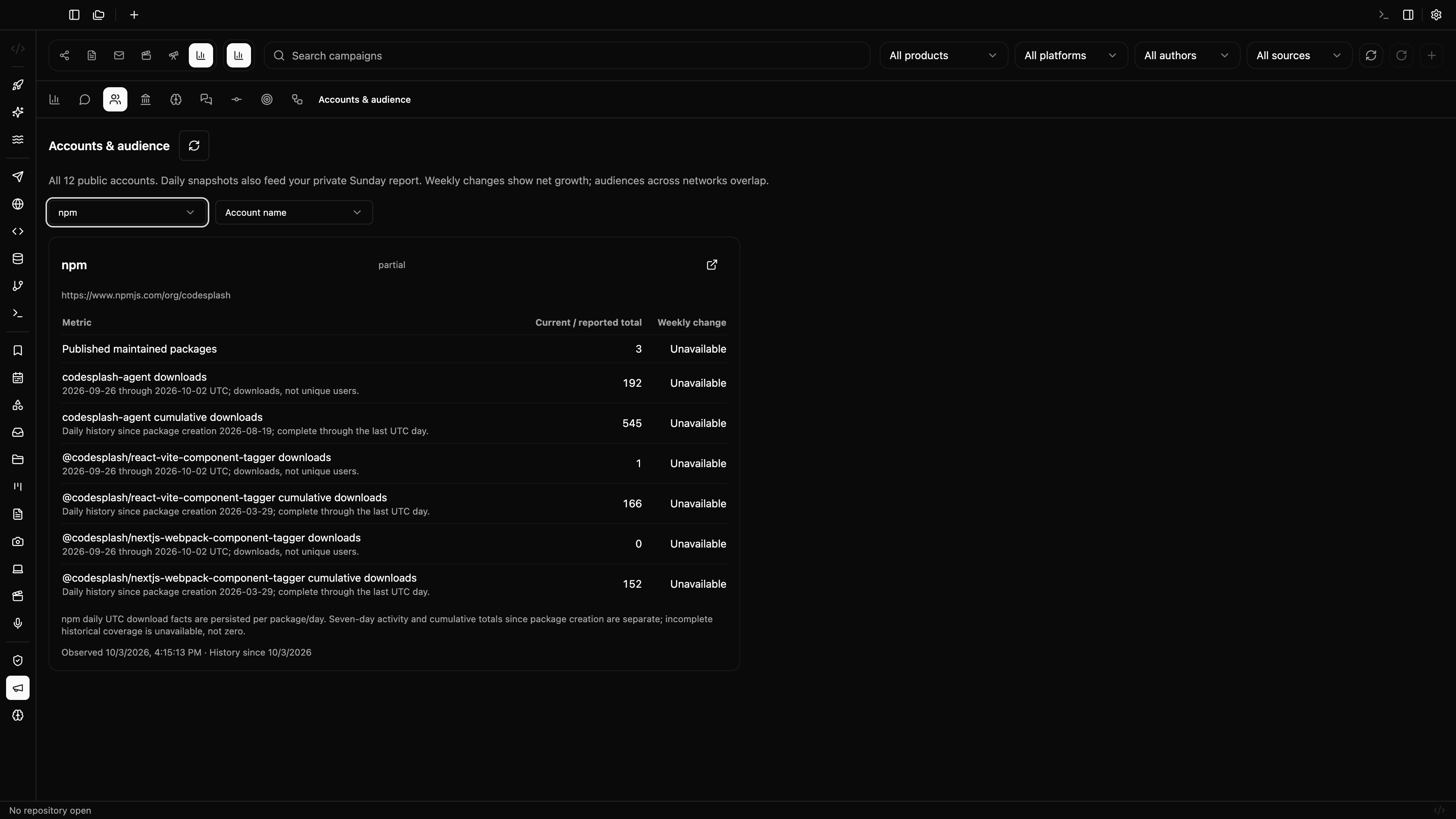 npm account reporting in CodeSplash Marketing