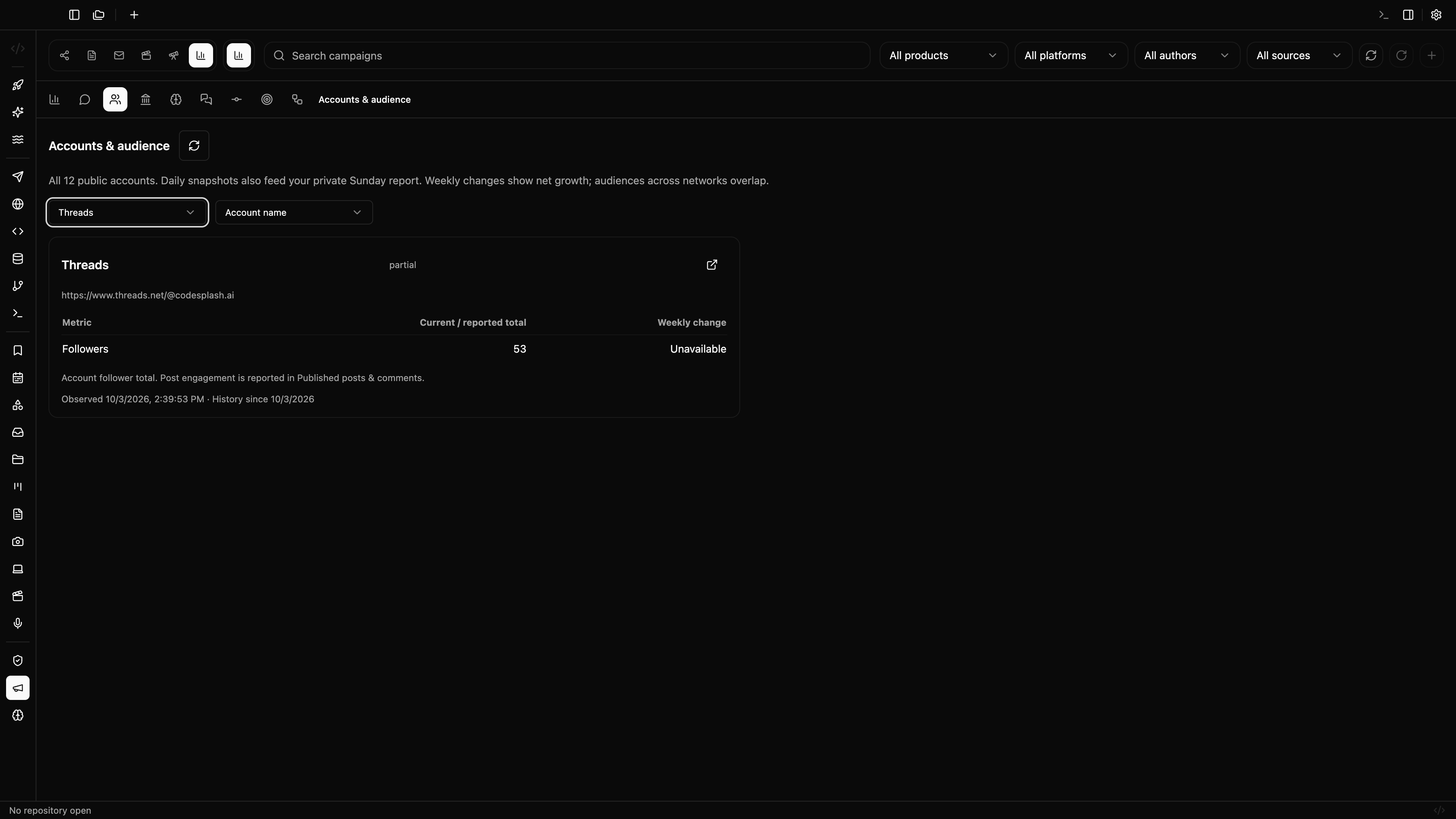 Threads account reporting in CodeSplash Marketing