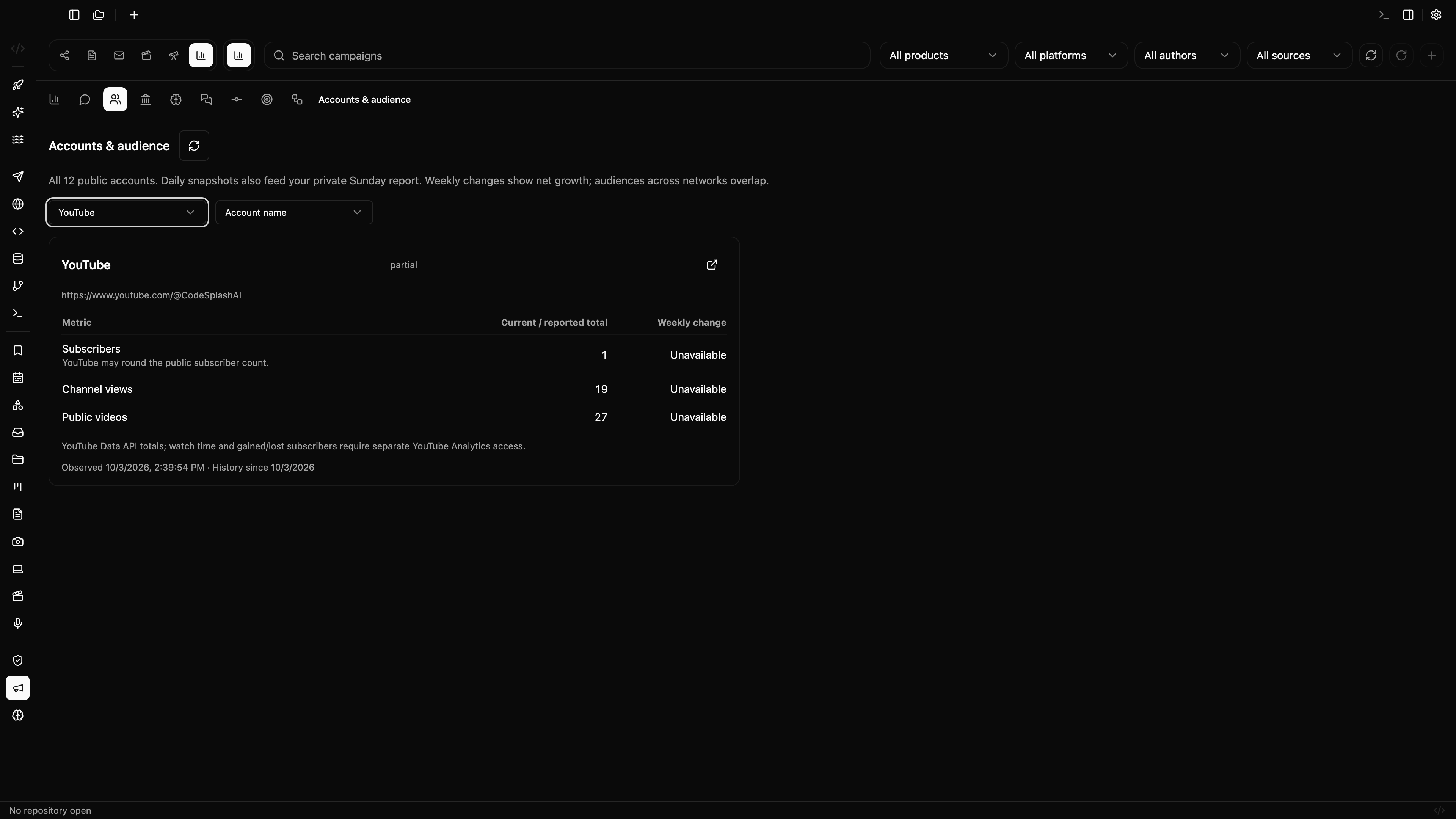 YouTube account reporting in CodeSplash Marketing