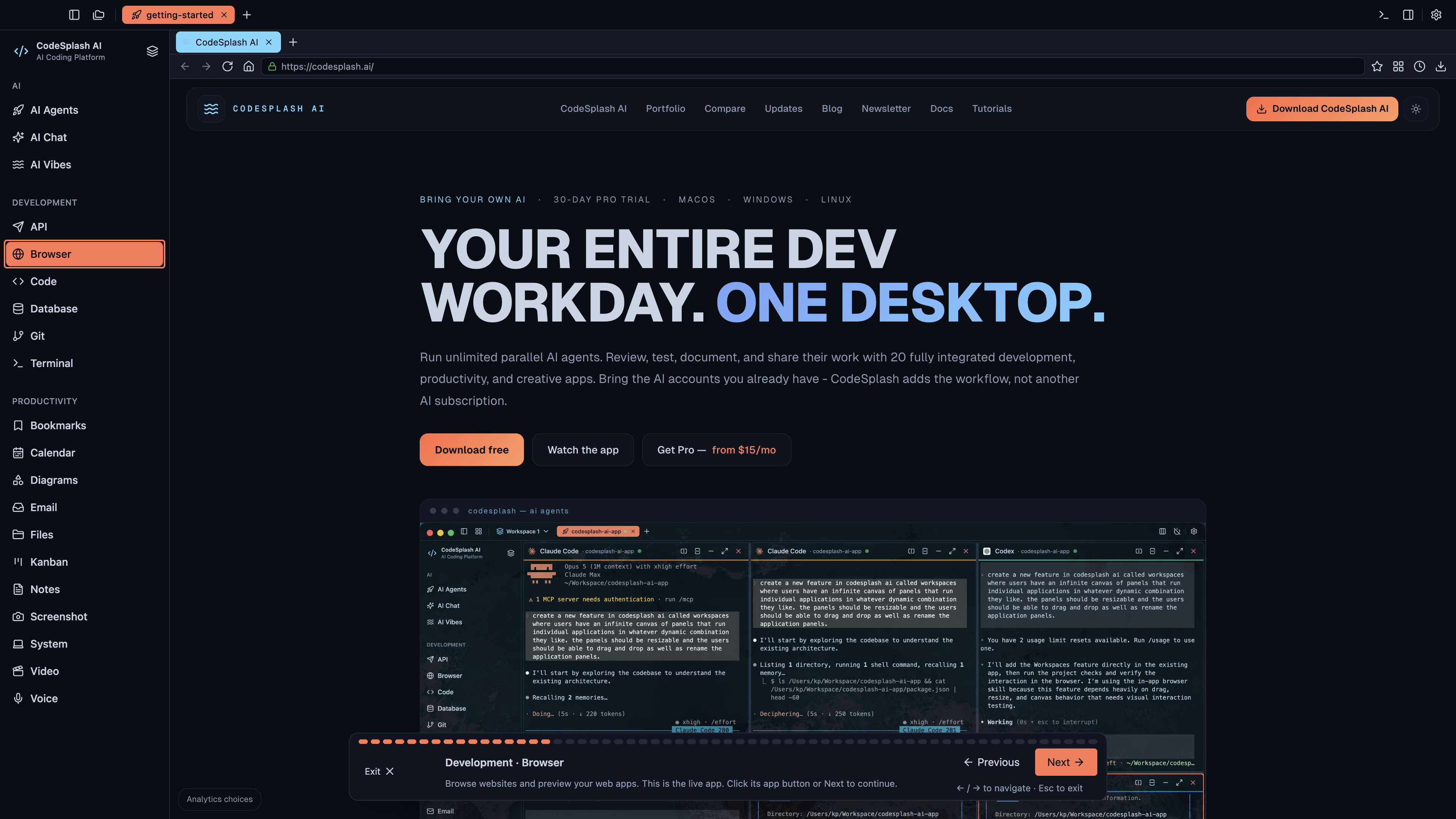 Development · Browser — Welcome to CodeSplash AI