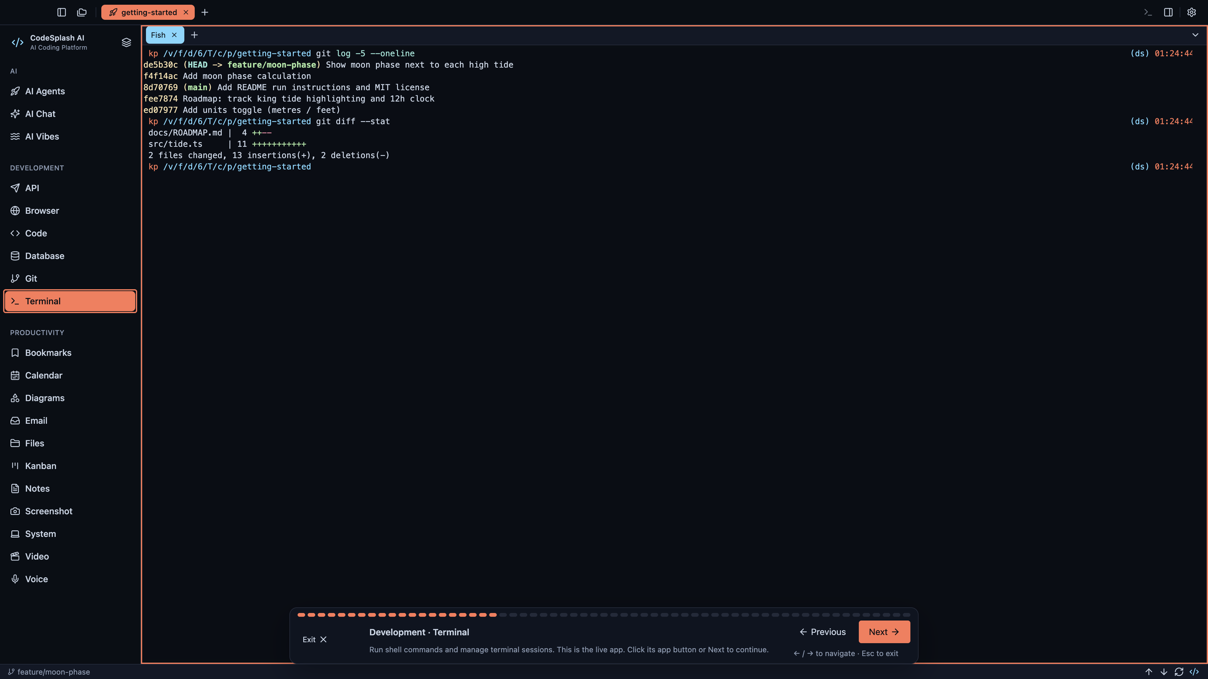 Development · Terminal — Welcome to CodeSplash AI