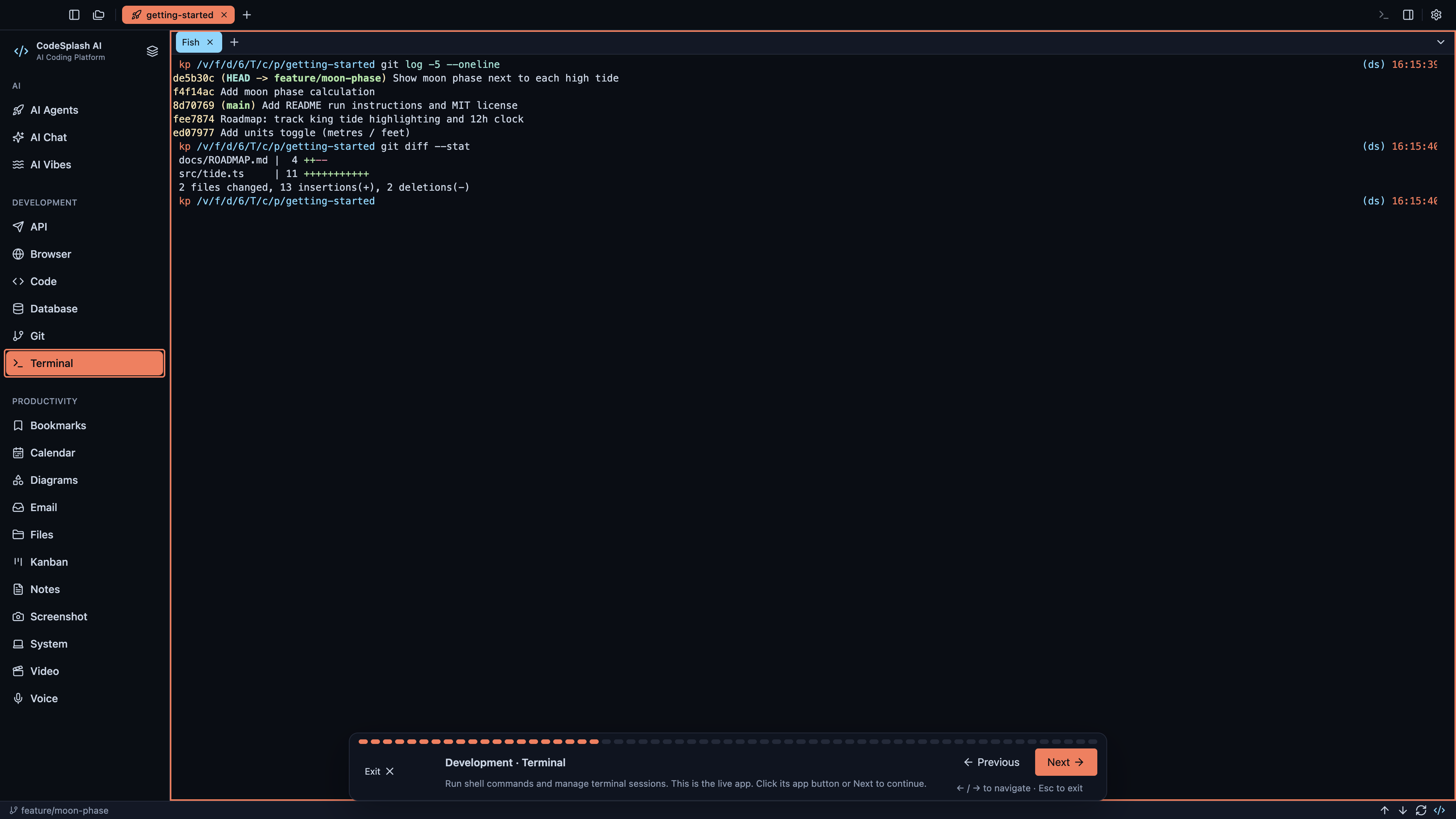 Development · Terminal — Welcome to CodeSplash AI