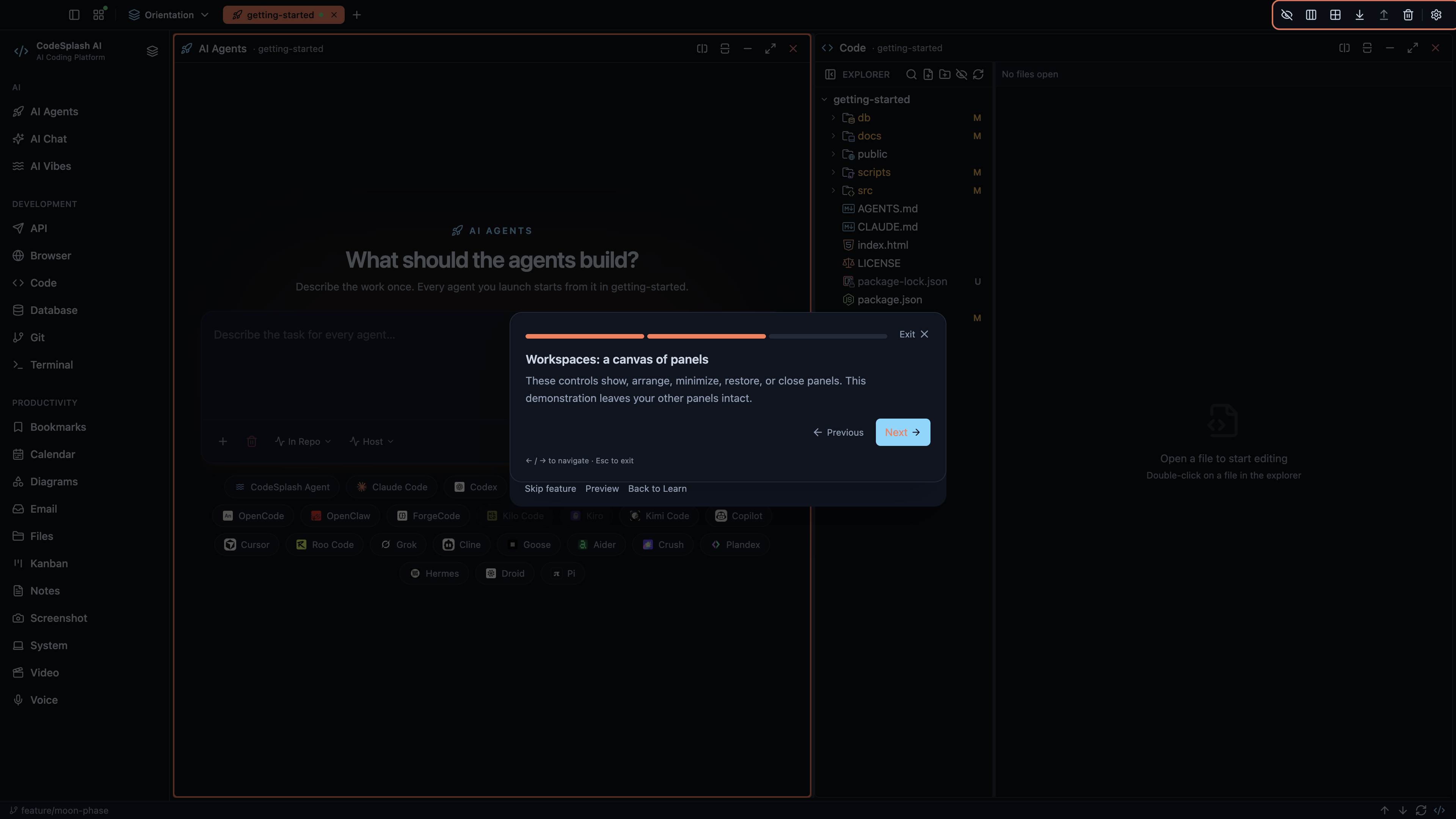 Workspaces: a canvas of panels — Workspaces and panel controls