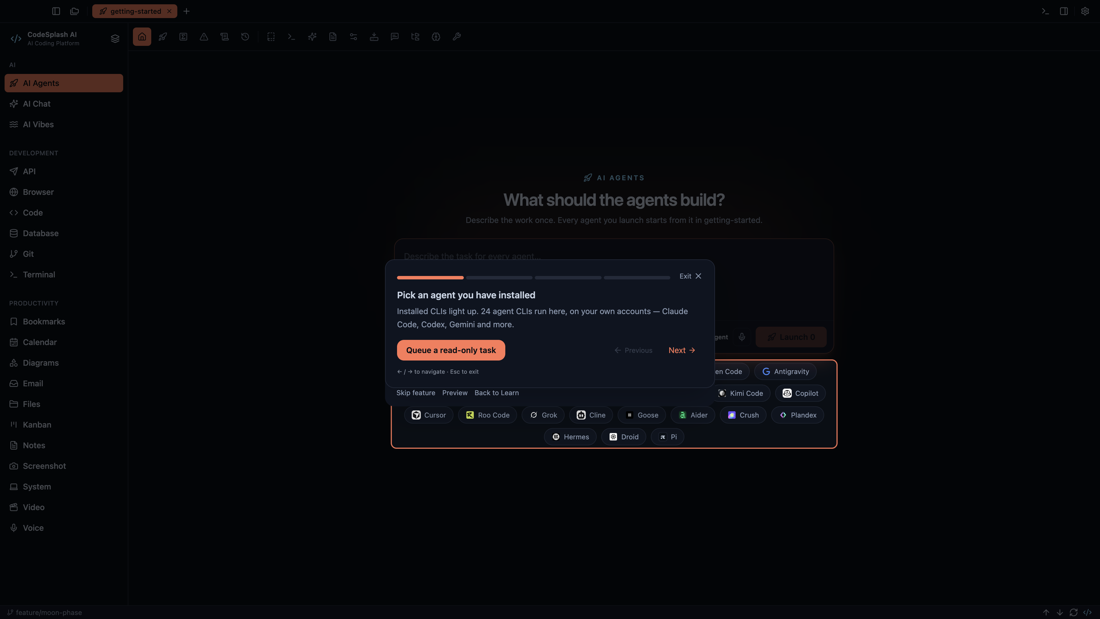 Pick an agent you have installed — Your first agent task