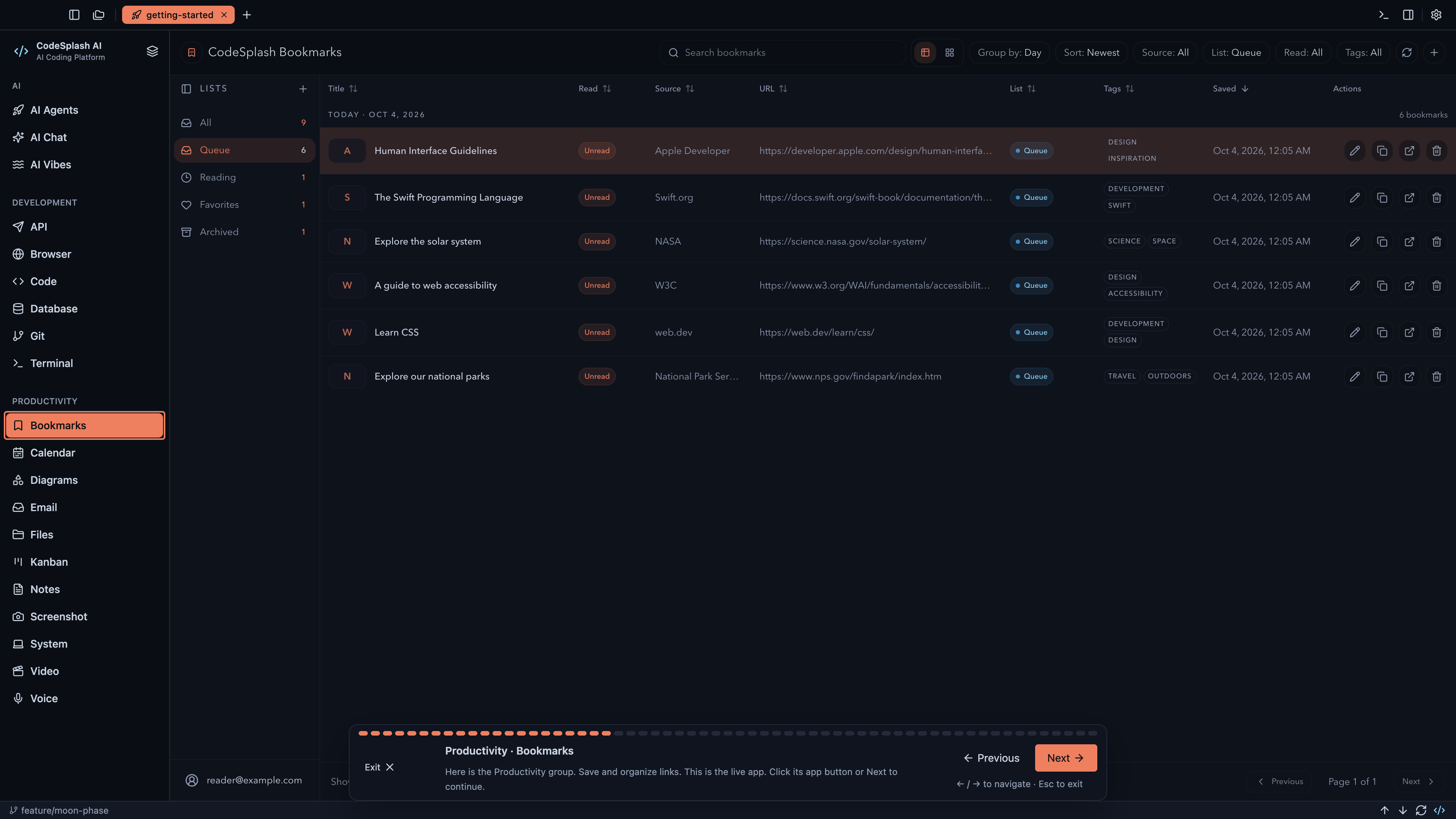 Productivity · Bookmarks — Welcome to CodeSplash AI