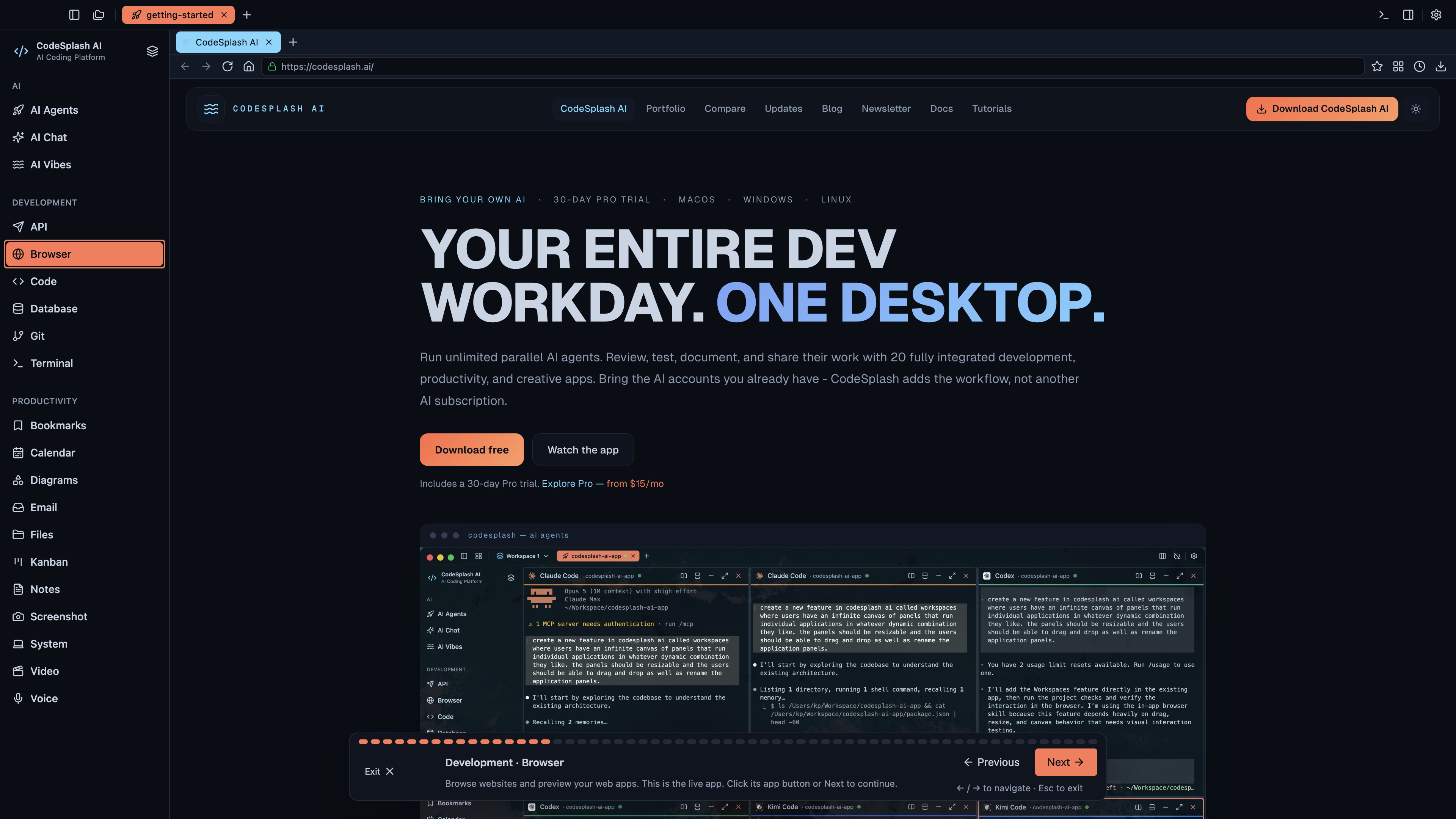 Development · Browser — Welcome to CodeSplash AI