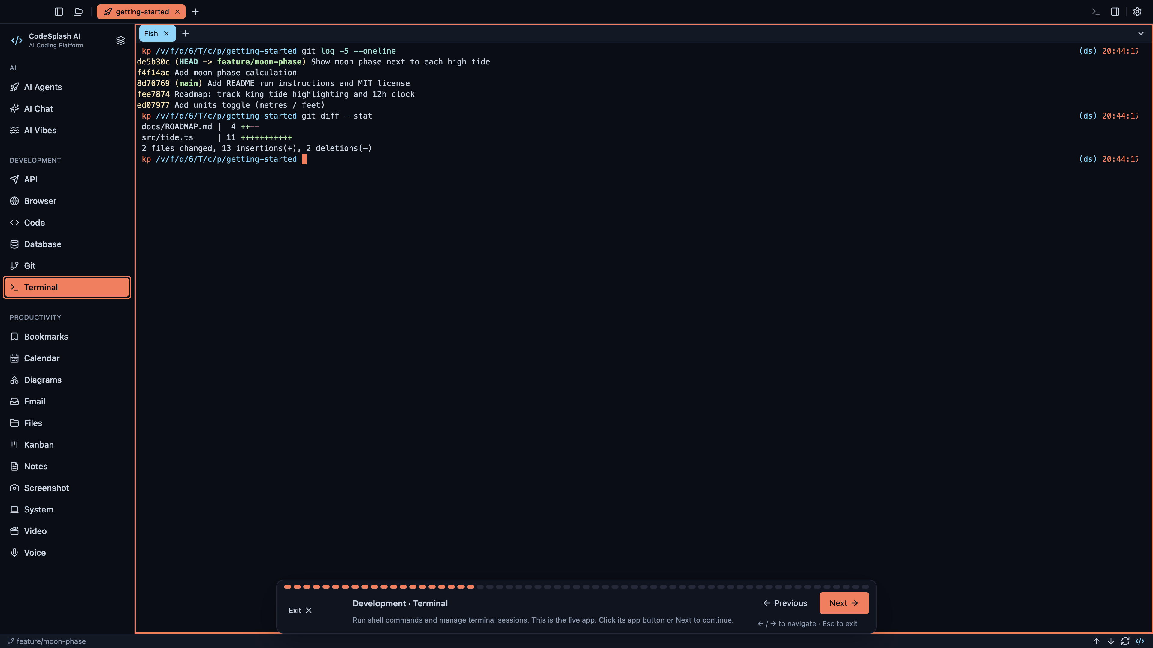 Development · Terminal — Welcome to CodeSplash AI