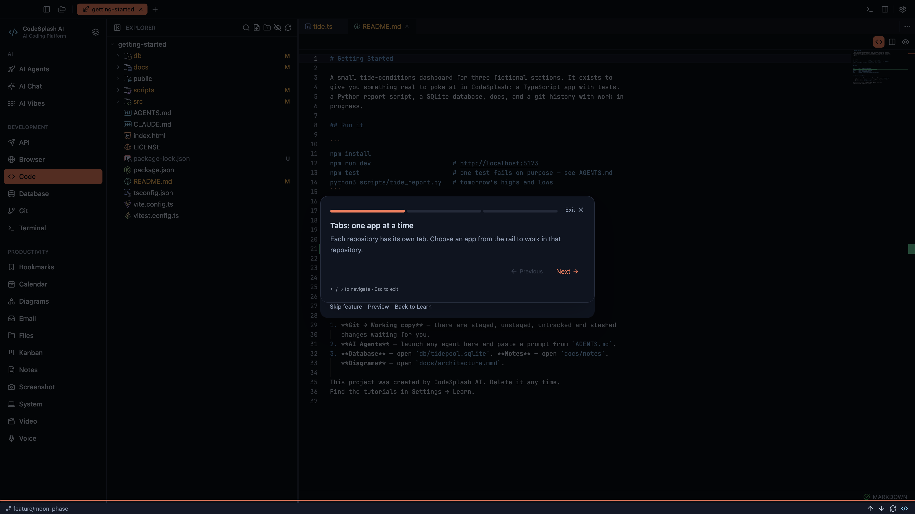 Tabs: one app at a time — Workspaces and panel controls