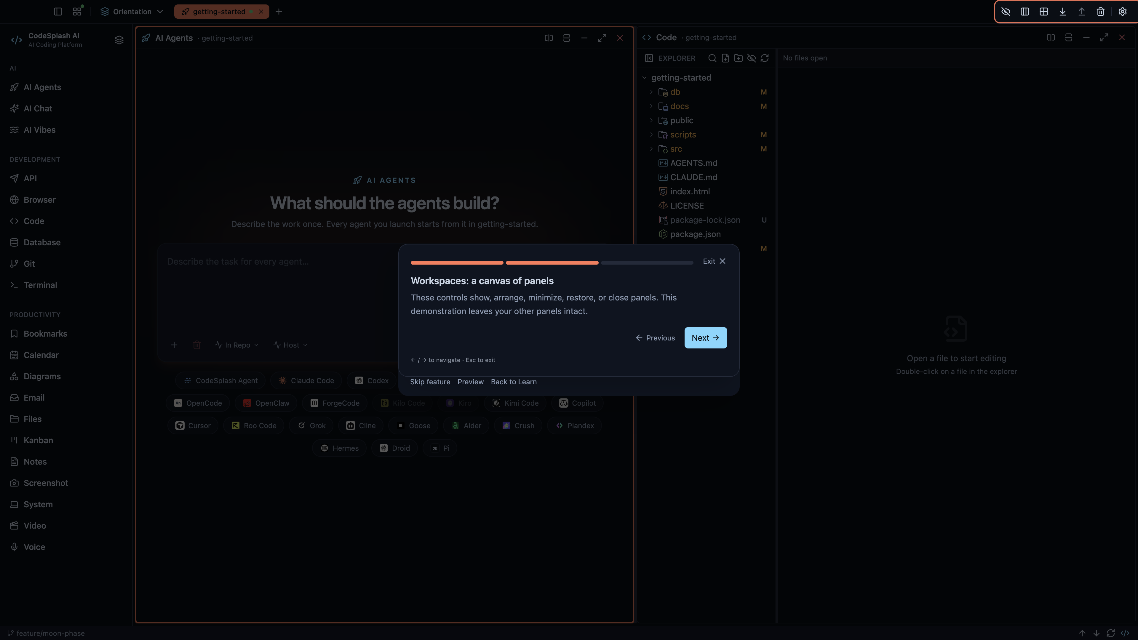Workspaces: a canvas of panels — Workspaces and panel controls