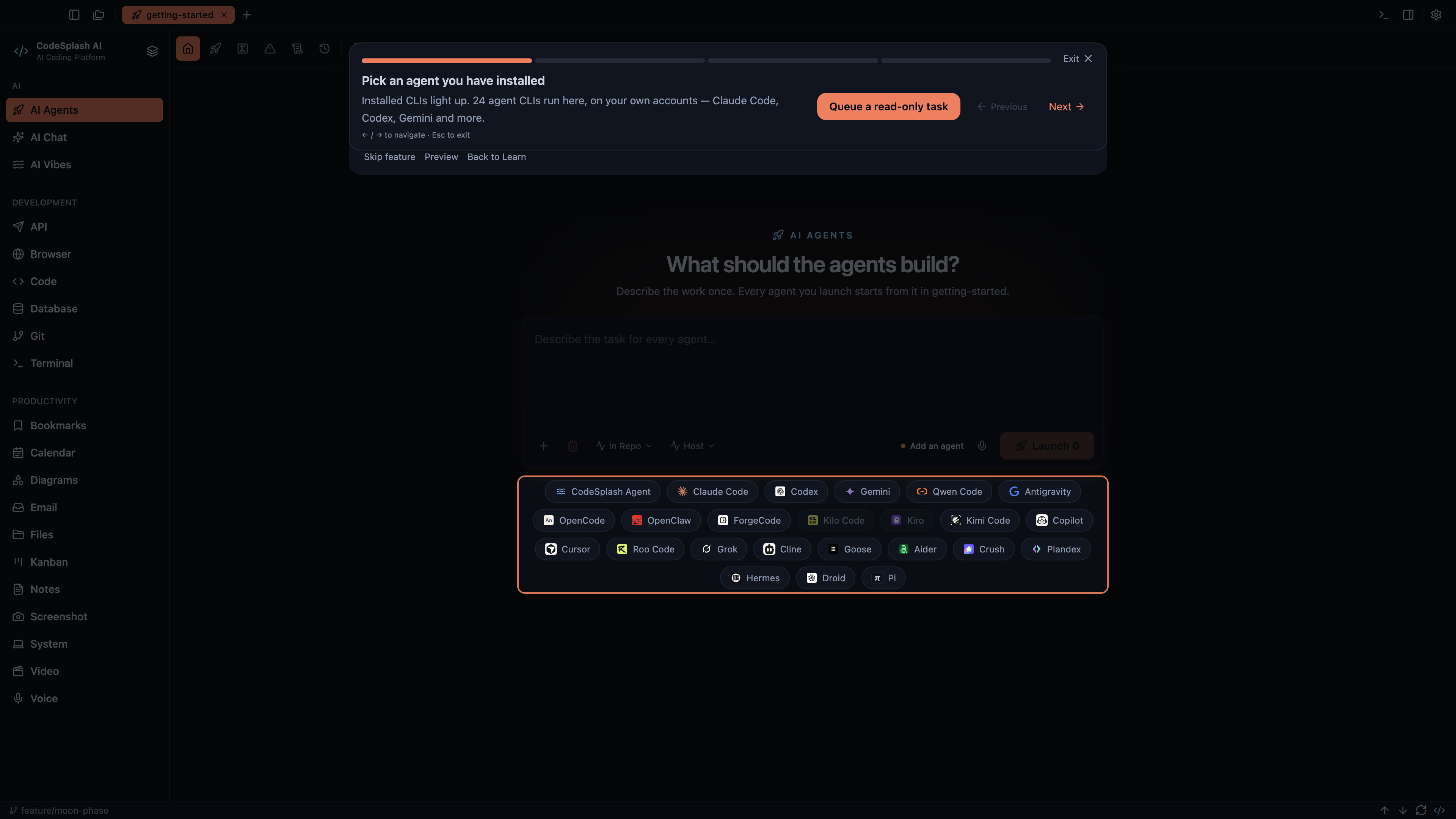 Pick an agent you have installed — Your first agent task