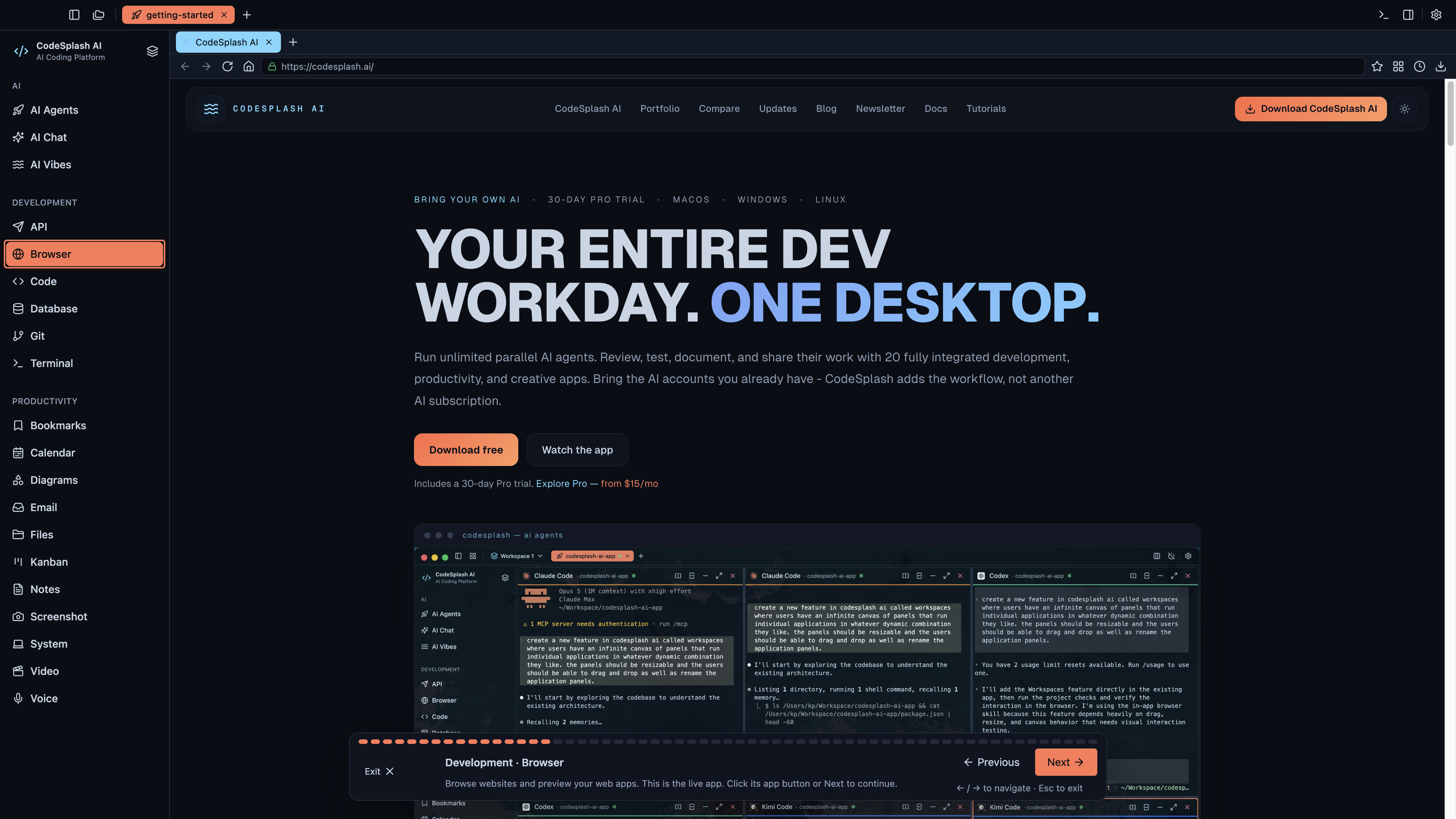 Development · Browser — Welcome to CodeSplash AI