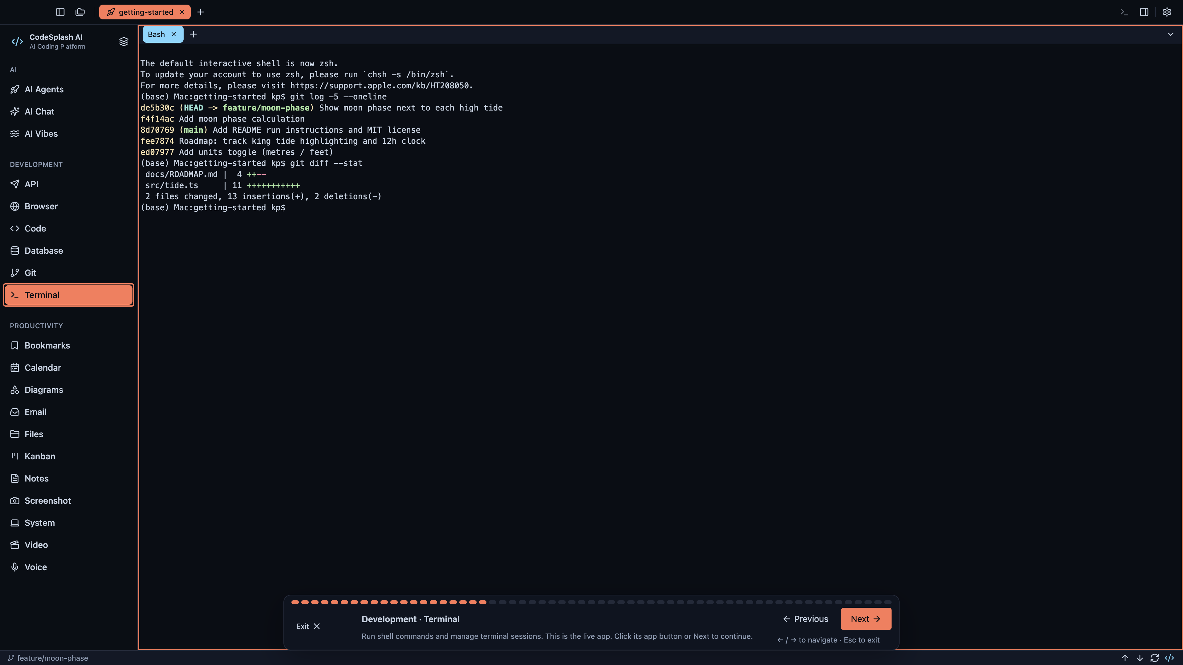 Development · Terminal — Welcome to CodeSplash AI