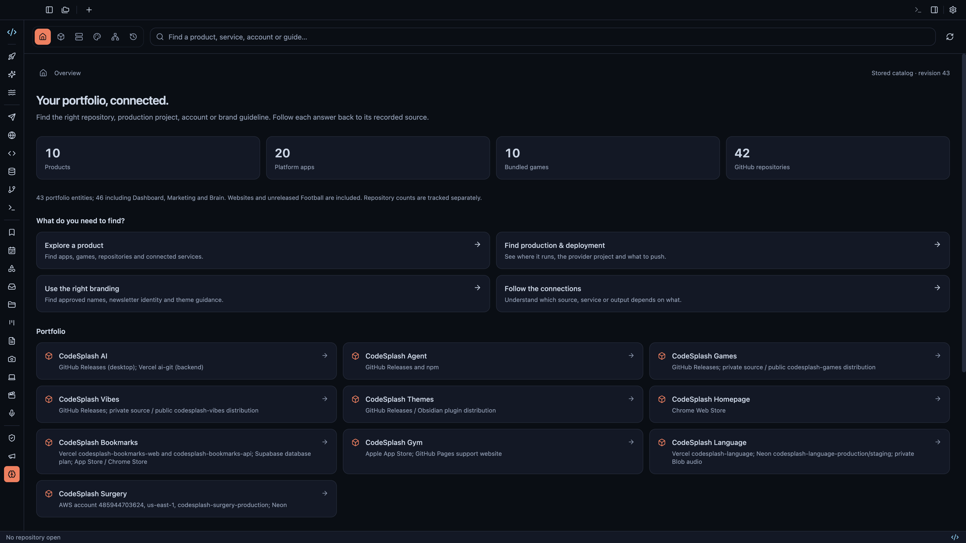 Find product, repository, deployment and branding knowledge in the Brain