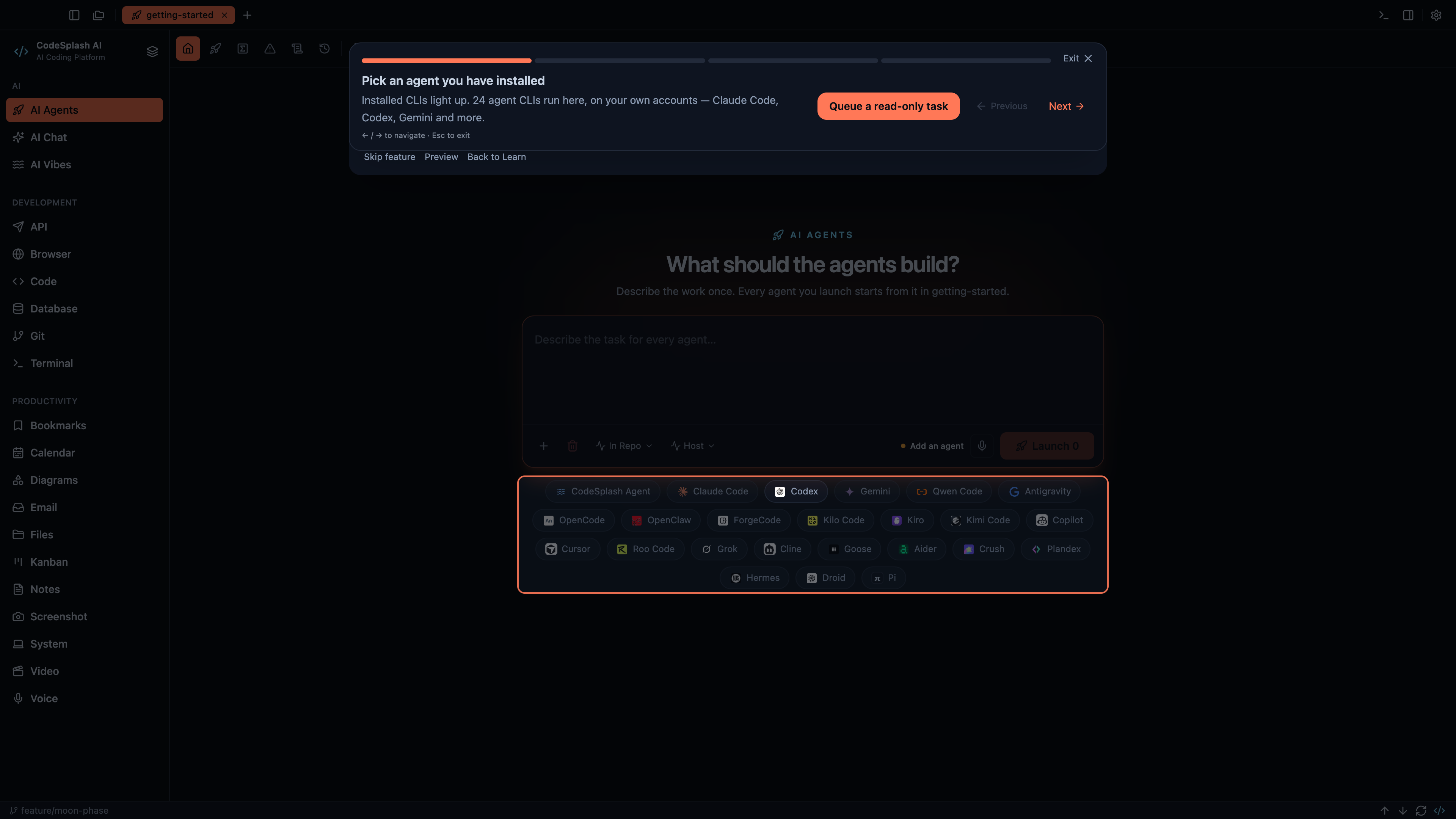 Pick an agent you have installed — Your first agent task
