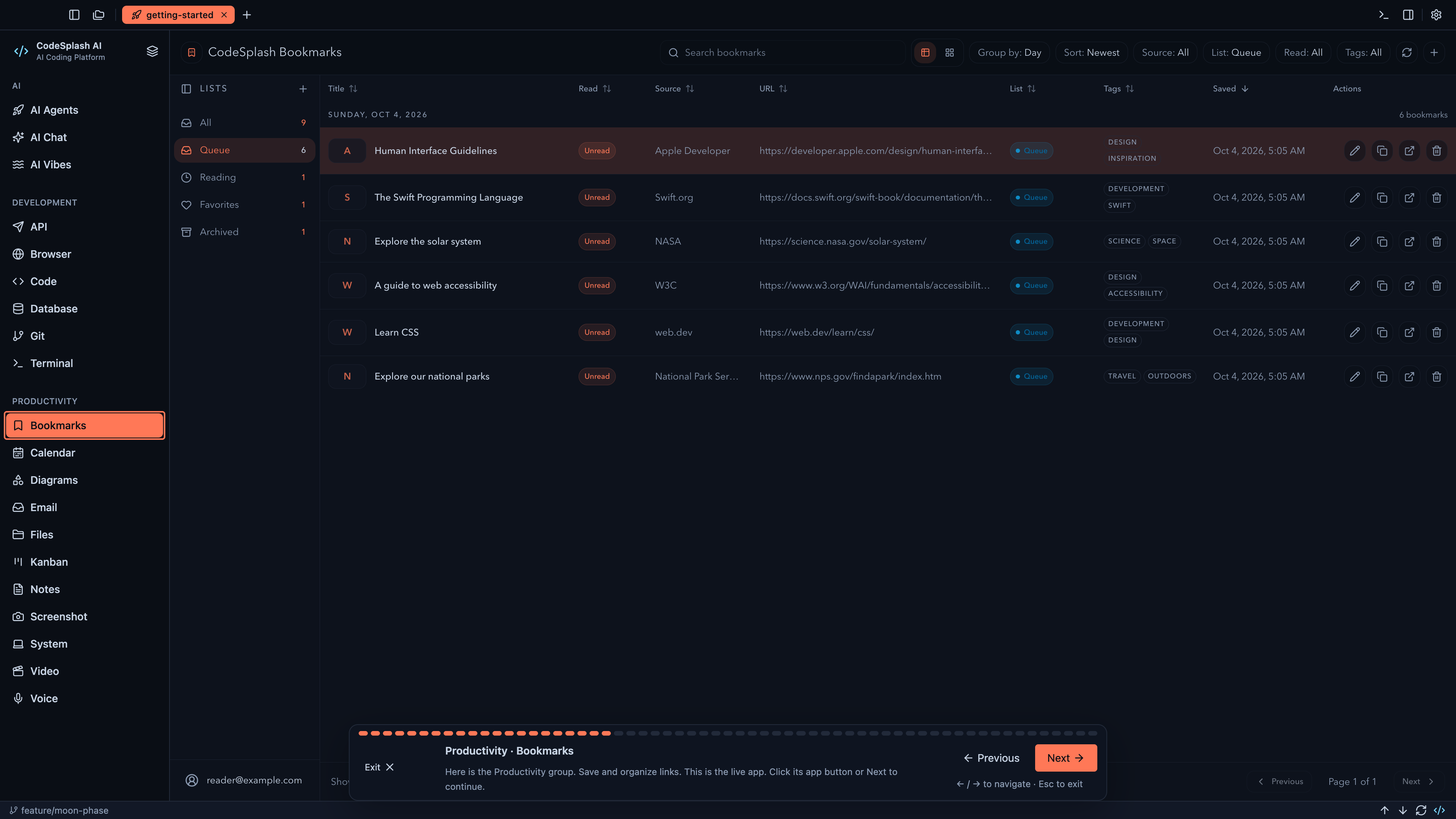 Productivity · Bookmarks — Welcome to CodeSplash AI