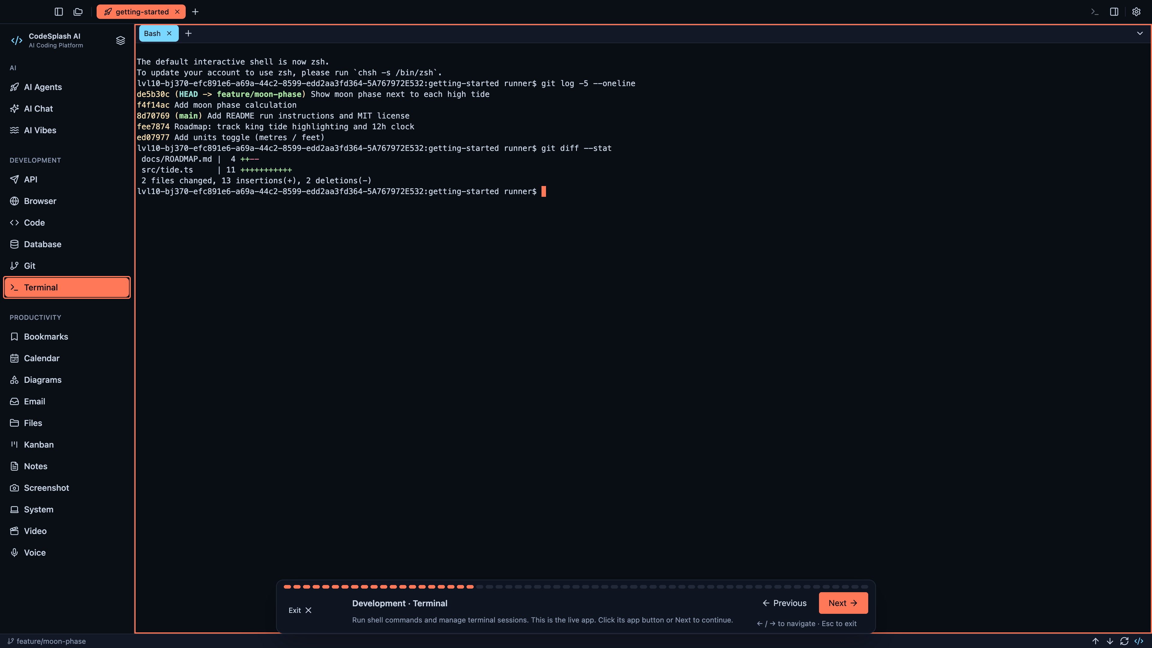 Development · Terminal — Welcome to CodeSplash AI