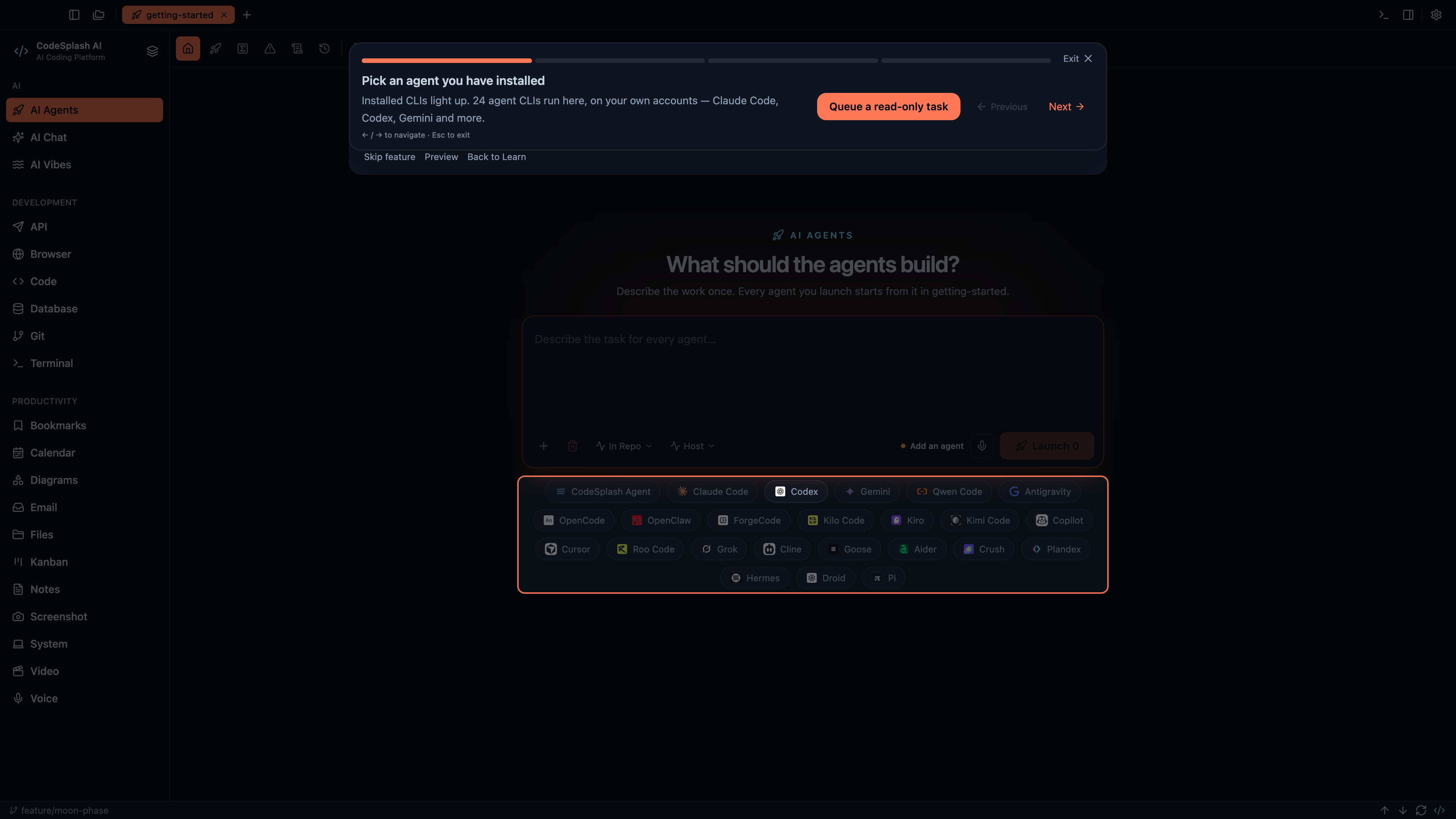 Pick an agent you have installed — Your first agent task