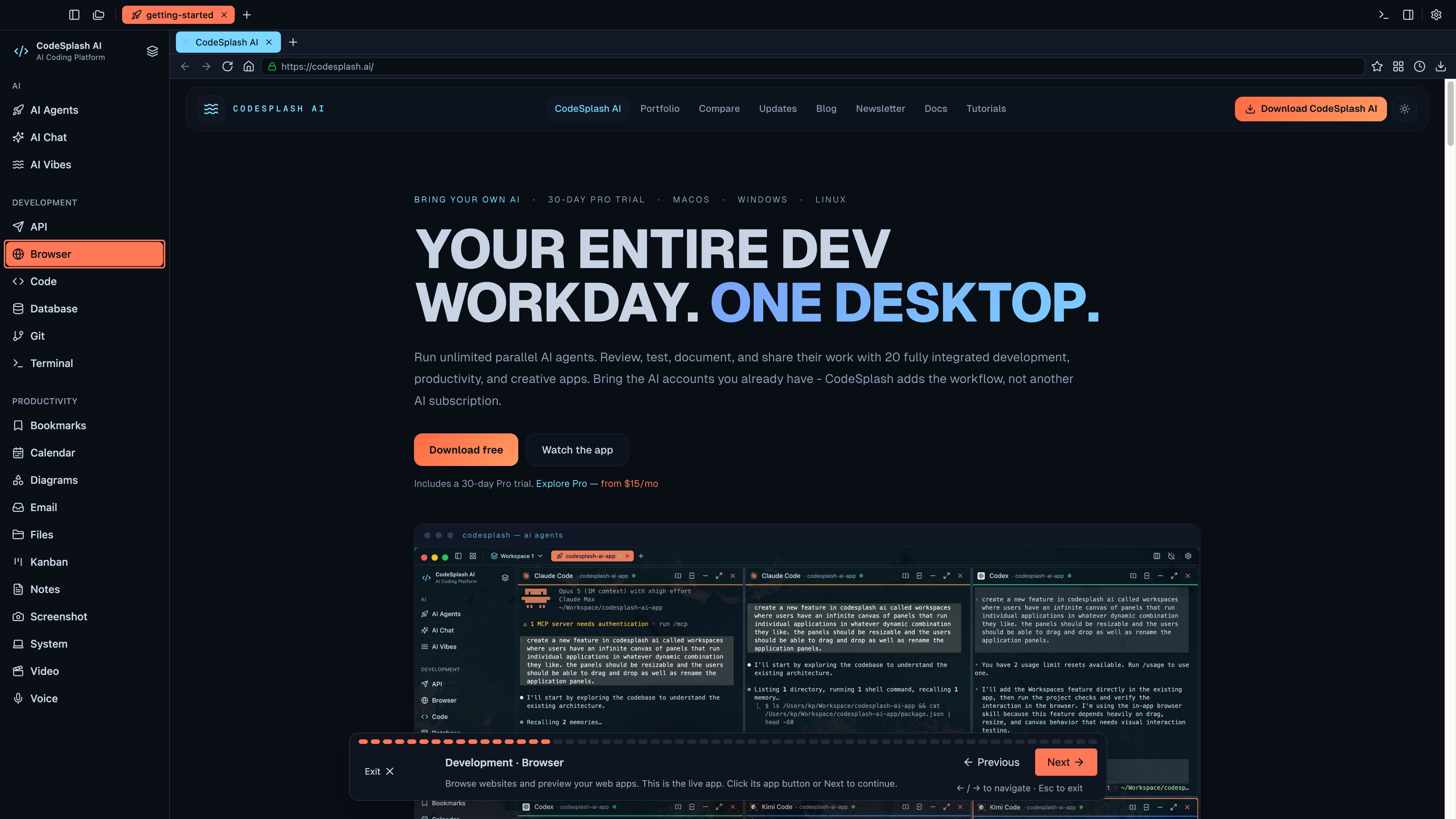 Development · Browser — Welcome to CodeSplash AI