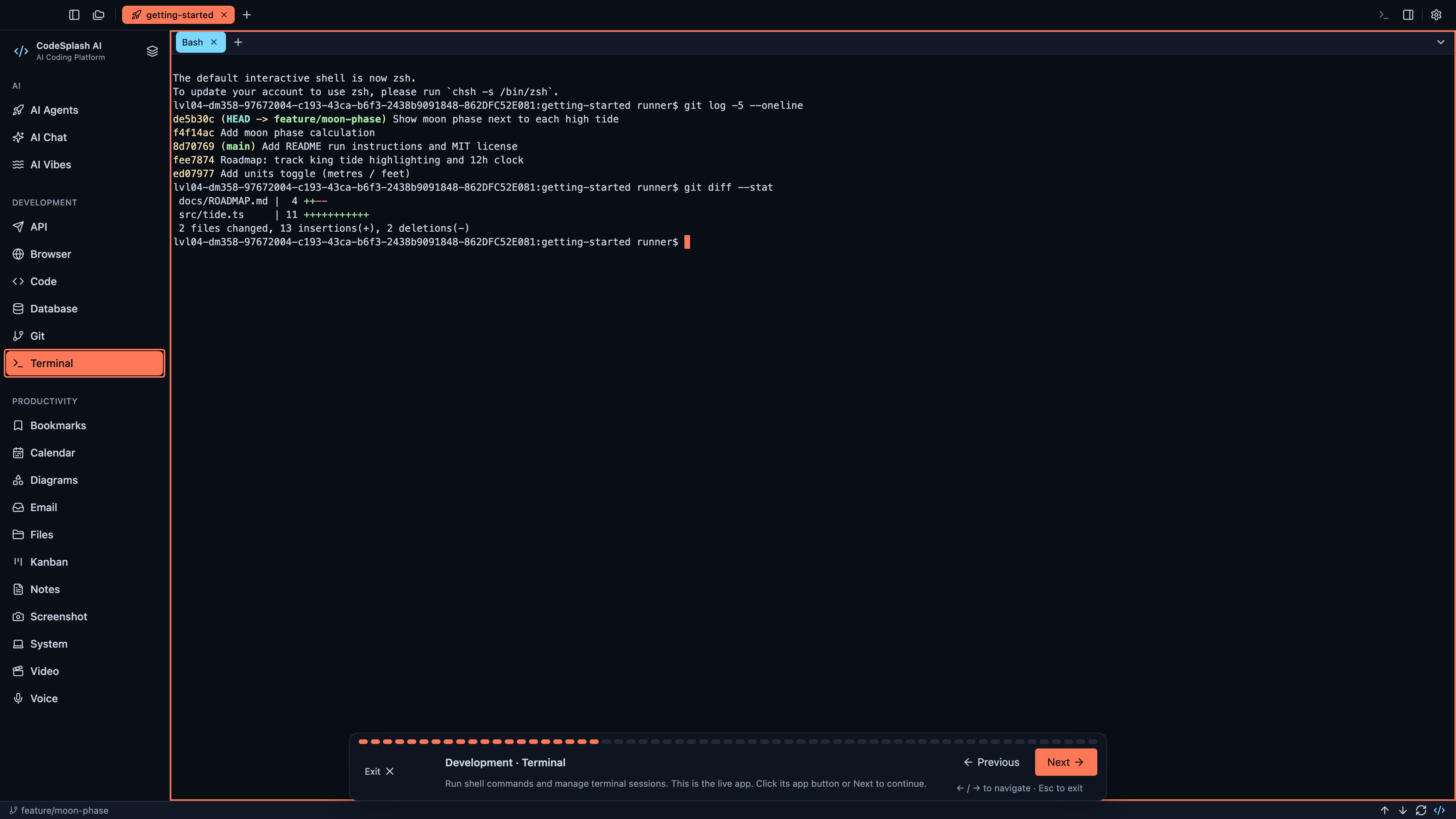 Development · Terminal — Welcome to CodeSplash AI