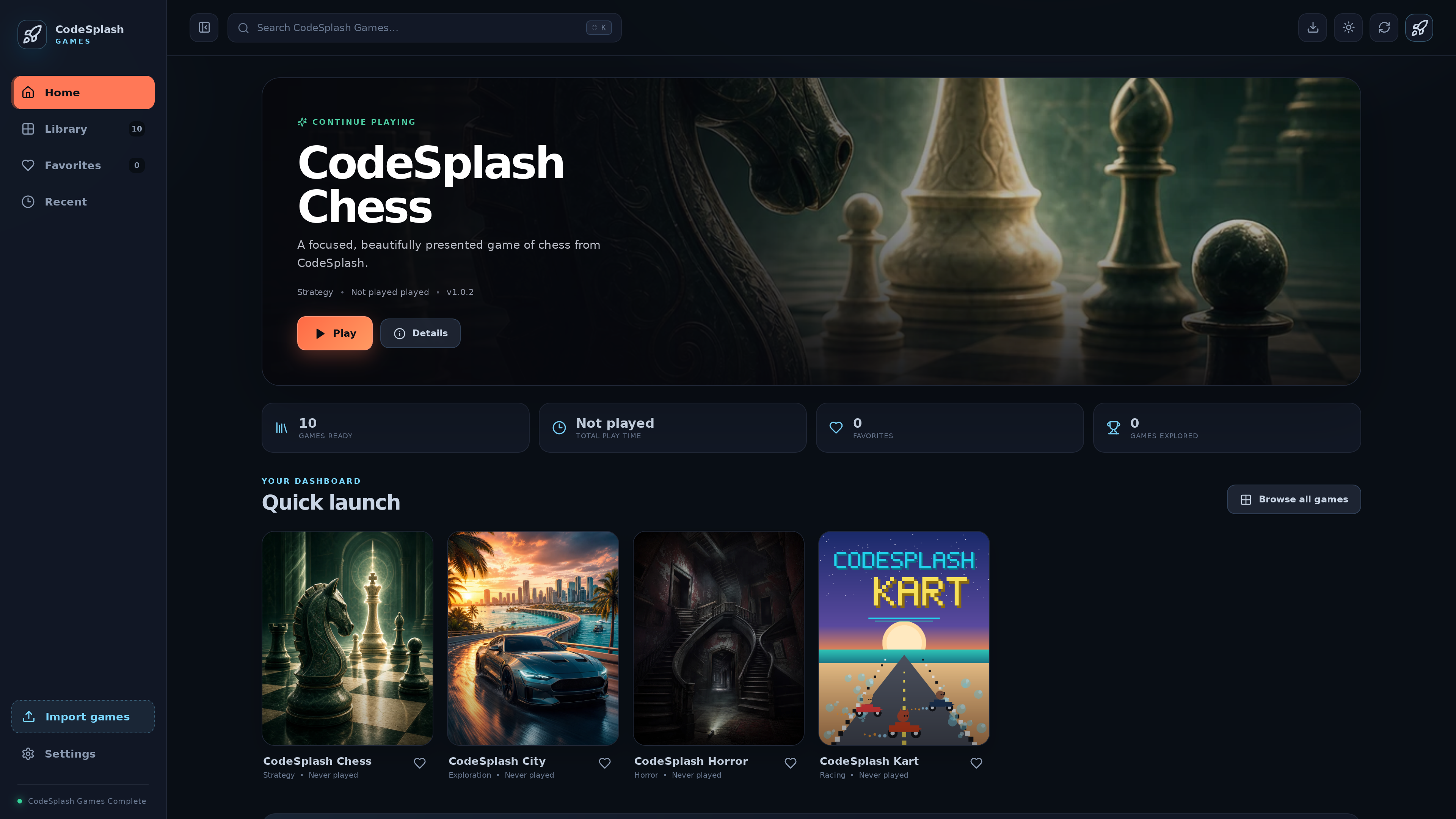 games: home and quick launch