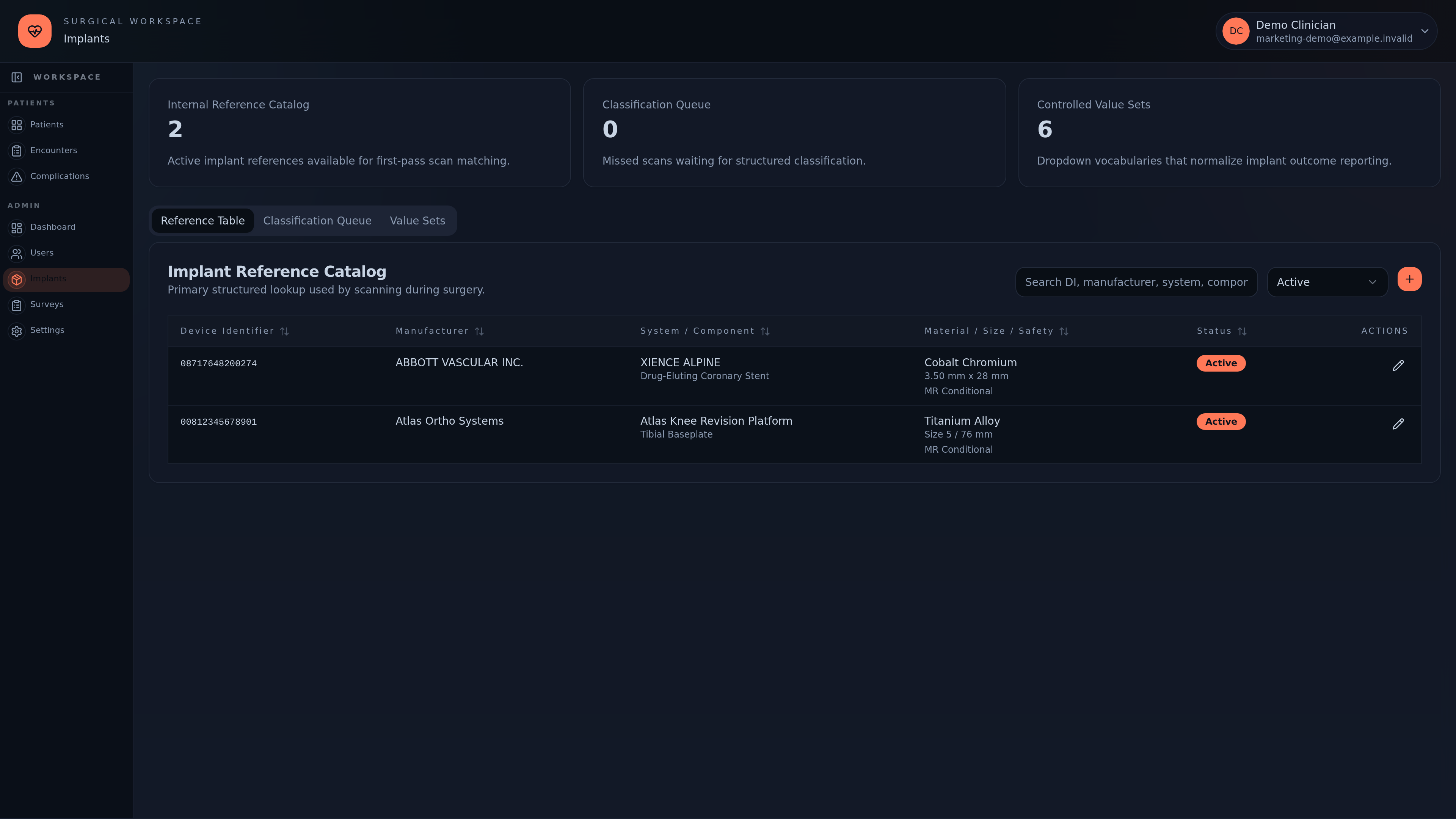 surgery: implant reference catalog