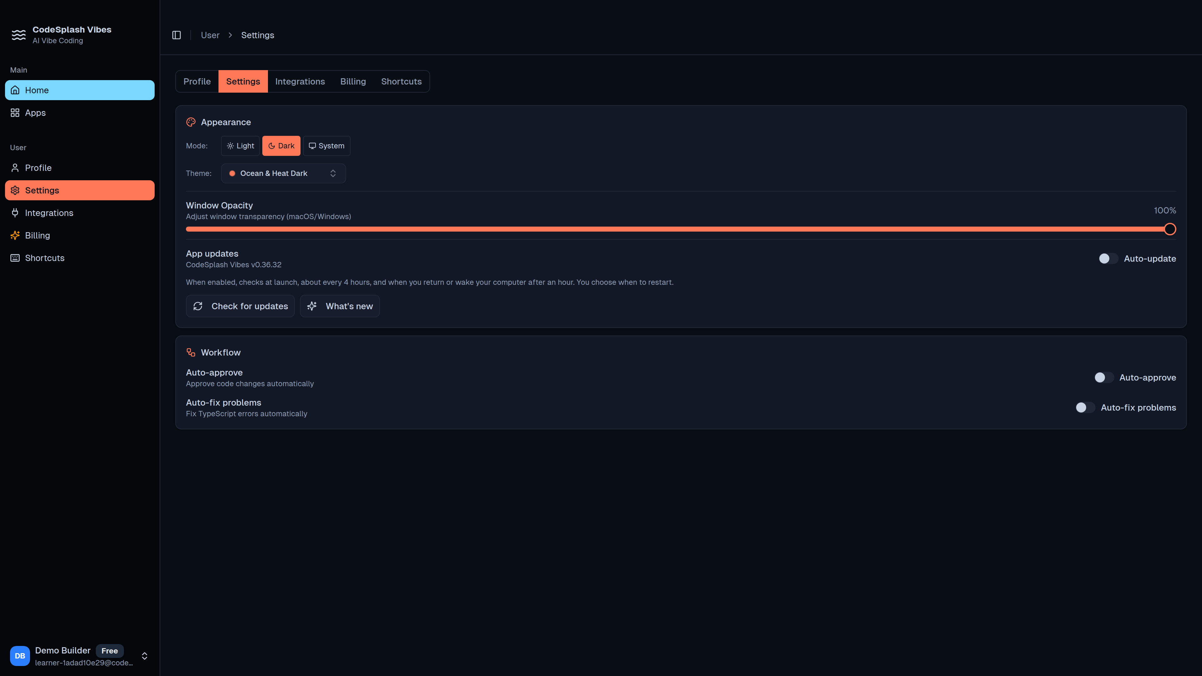 vibes: settings and update controls