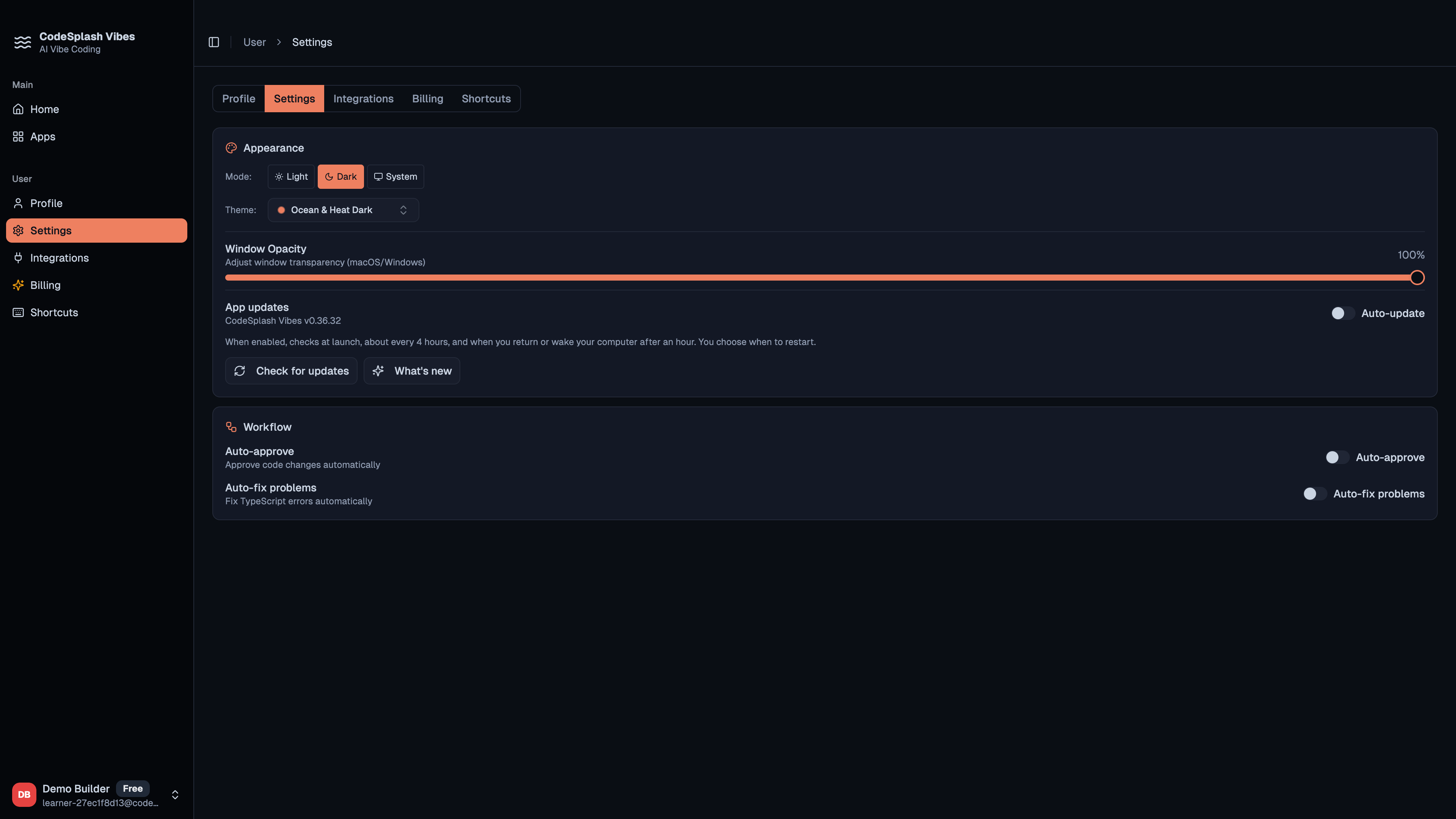 vibes: settings and update controls